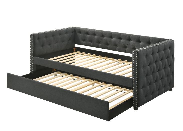 Maximize the space in your guest room with this Romona daybed & trundle. An excellent choice for any guest room that doubles as a study, or as extra sleeping space in a bedroom. Beautiful, timeless details such as button tufting and nail-head trim accents