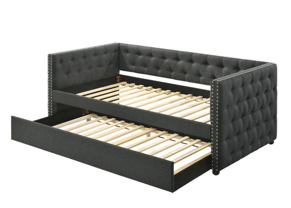 Maximize the space in your guest room with this Romona daybed & trundle. An excellent choice for any guest room that doubles as a study, or as extra sleeping space in a bedroom. Beautiful, timeless details such as button tufting and nail-head trim accents