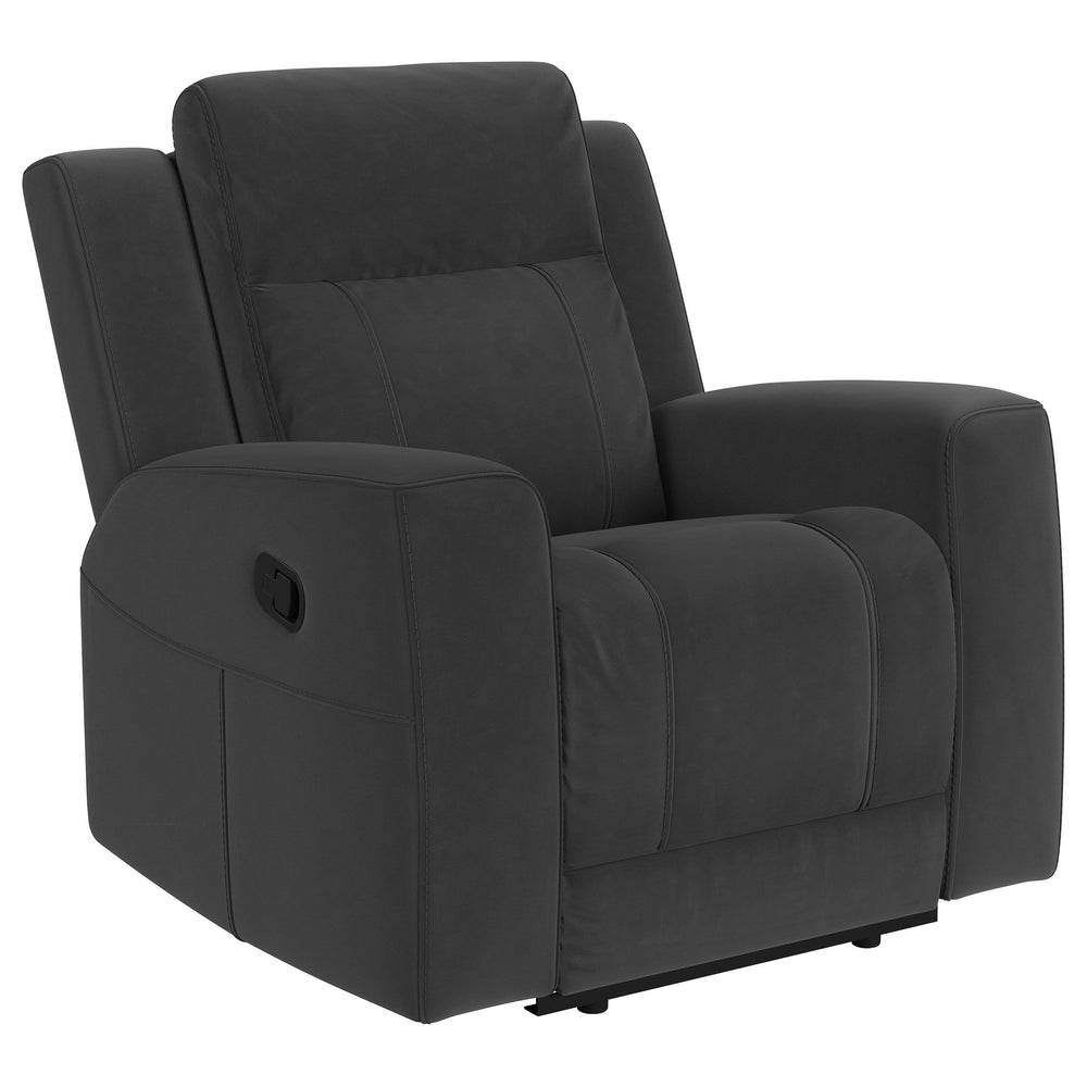 Kick back in luxurious indulgence with a modern rocker recliner. Expertly designed for a sleek, refined look that blends in contemporary living spaces, the recliner features matte suede-like upholstery in a neutral hue. Its clean lines and track arms blen