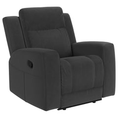 Kick back in luxurious indulgence with a modern rocker recliner. Expertly designed for a sleek, refined look that blends in contemporary living spaces, the recliner features matte suede-like upholstery in a neutral hue. Its clean lines and track arms blen