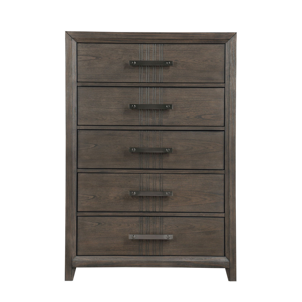 The Landon 5-Drawer Chest in Walnut is a perfect blend of durability, style, and functionality, making it an essential addition to any bedroom. Expertly crafted from solid Pine, high-quality engineered woods, and genuine Mindi wood veneers, this chest is 