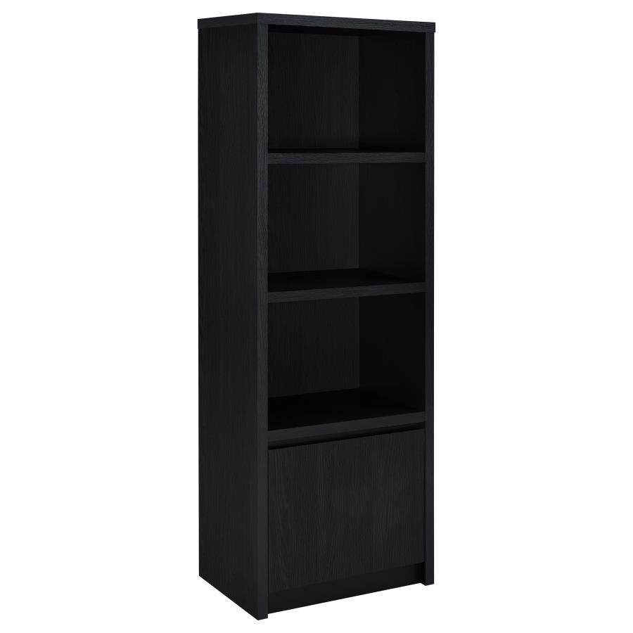 This contemporary media tower combines functionality and modern design in a sleek black finish. Built from durable engineered wood with a scratch-resistant laminate veneer, it features three open shelves for organizing media devices, books, or decor. A bo