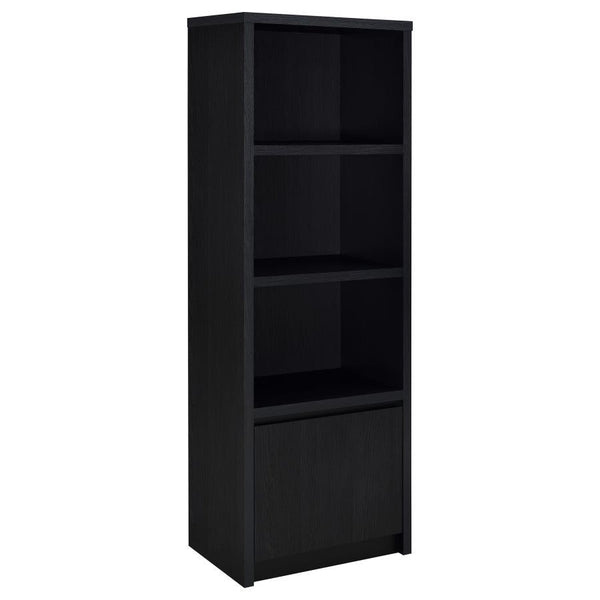This contemporary media tower combines functionality and modern design in a sleek black finish. Built from durable engineered wood with a scratch-resistant laminate veneer, it features three open shelves for organizing media devices, books, or decor. A bo