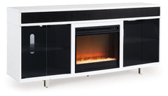 Combining a white high-gloss finish with black glass doors, this TV stand proves opposites really do attract. It-'s the perfect blend of modern style and functionality, with ample space for your media devices, flat-screen TV and soundbar. Adding that much