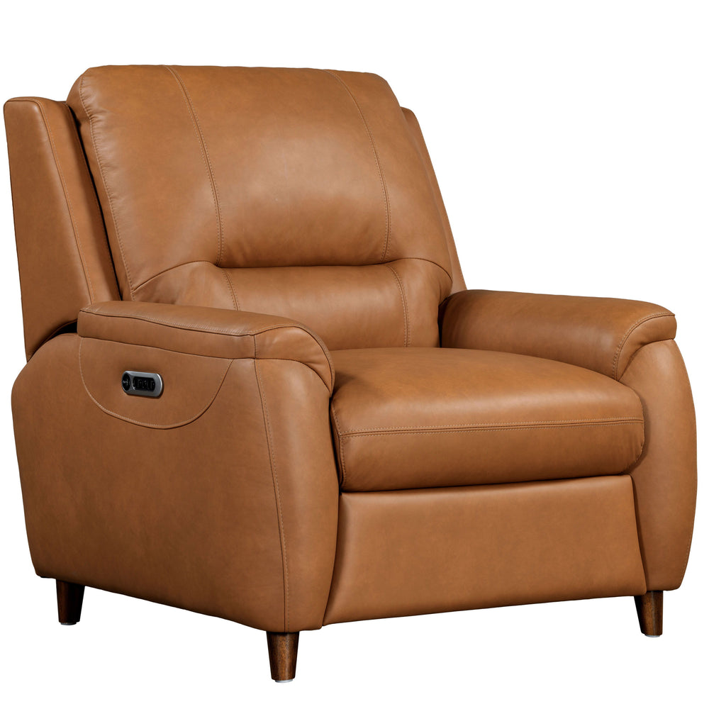 The Austin power reclining group is designed for ultimate comfort and convenience. It features independently operating power headrests and is upholstered in supple leather with a custom match. The modern high-leg design in a warm walnut finish gives it a 