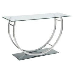 This modern rectangular console table showcases a clear tempered glass top paired with a sleek mirrored base, creating a polished, contemporary appeal. The curved frame, crafted from heavy gauge electroplated chrome metal, adds a touch of sophistication a