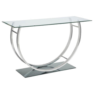 This modern rectangular console table showcases a clear tempered glass top paired with a sleek mirrored base, creating a polished, contemporary appeal. The curved frame, crafted from heavy gauge electroplated chrome metal, adds a touch of sophistication a