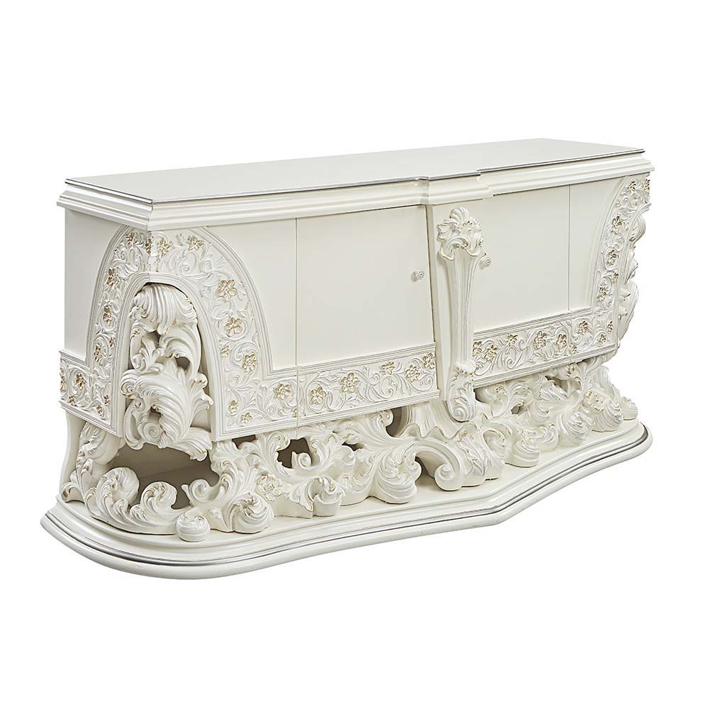 Bringing a modern approach to the classic ornate Rococo style, the Adara bed blends in contemporary touches with traditional design details. The PU adds a fresh approach to the intricately embellished bed. The antique white is embellished with light gold 