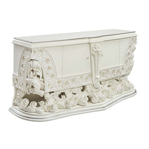 Bringing a modern approach to the classic ornate Rococo style, the Adara bed blends in contemporary touches with traditional design details. The PU adds a fresh approach to the intricately embellished bed. The antique white is embellished with light gold 