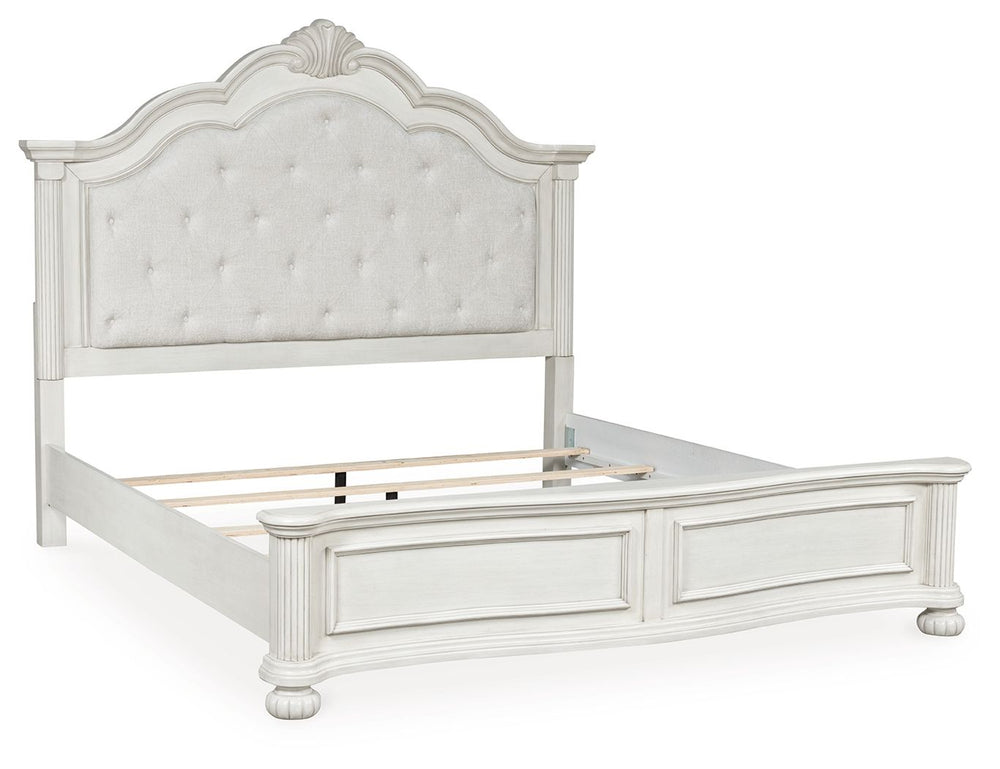 Transform your inner sanctum into a haven of timeless elegance. This traditionally inspired California king upholstered panel bed features a cushioned headboard embellished with a serpentine-shaped crown and light pearl gray upholstery. A contoured footbo