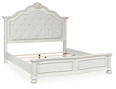 Transform your inner sanctum into a haven of timeless elegance. This traditionally inspired California king upholstered panel bed features a cushioned headboard embellished with a serpentine-shaped crown and light pearl gray upholstery. A contoured footbo