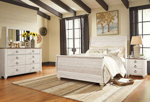 Two-tone finish in white wash replicated worn through paint with authentic touch and a replicated wood grained block pattern with authentic touch. Large scaled shapely bedroom collection features bun feet. Ring pull hardware in an antique brass color, acc