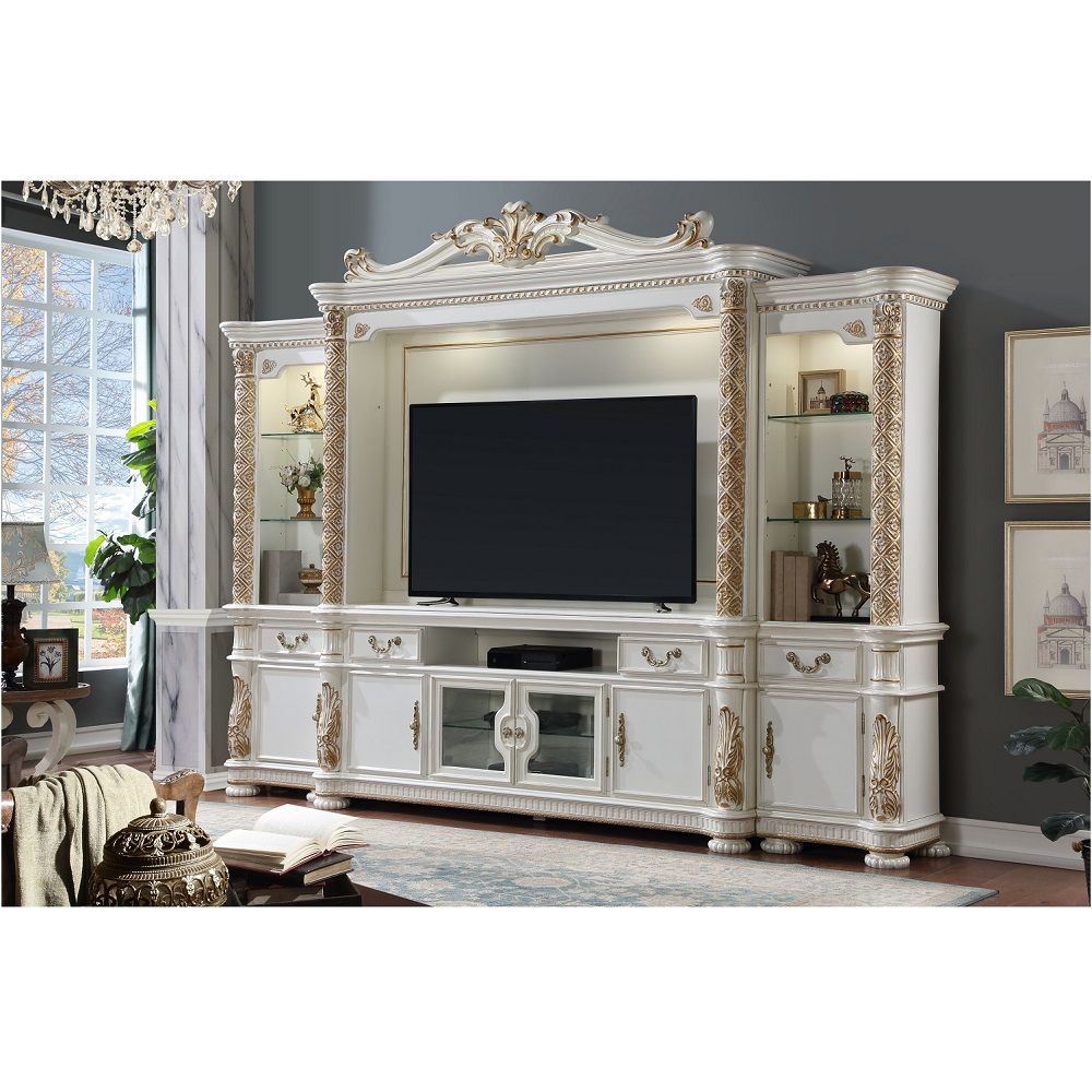 Ent. Center 2 Side Piers (Each 3 Open Compartments and 1 Wooden Door) Center Hutch with Touch Light Max Size Recommended: 80-" Flat Panel TV, TV Center Space: 79-" x 49-" (2005 x 1250mm) Cord mgmt (Back Panel with Pre-Cut Hole)
