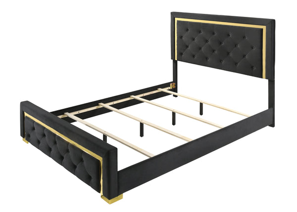  button-tufted headboard framed by a bold