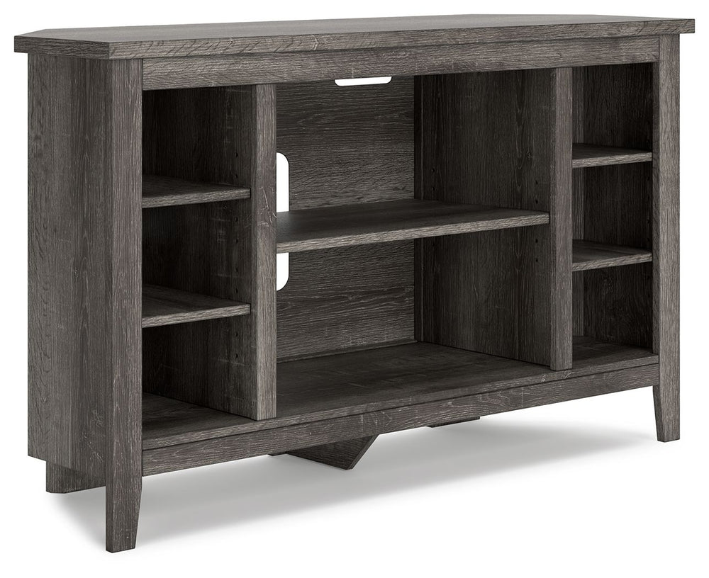 With its replicated weathered oak finish and authentic charm, this corner TV stand is right in tune with your relaxed approach to high style. Beautifully shaped to nestle into any corner, itâ€™s well equipped with adjustable and fixed shelving, a fireplac