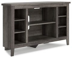 With its replicated weathered oak finish and authentic charm, this corner TV stand is right in tune with your relaxed approach to high style. Beautifully shaped to nestle into any corner, itâ€™s well equipped with adjustable and fixed shelving, a fireplac