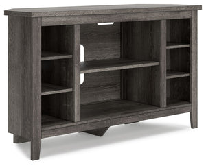 With its replicated weathered oak finish and authentic charm, this corner TV stand is right in tune with your relaxed approach to high style. Beautifully shaped to nestle into any corner, itâ€™s well equipped with adjustable and fixed shelving, a fireplac