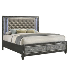 Indulge in the allure of the Radiance Western King Storage Bed in Black, a marvel of quality construction crafted from a blend of solid rubberwood and manufactured woods for unparalleled stability and durability. Its semi-gloss lacquer black pearl finish 