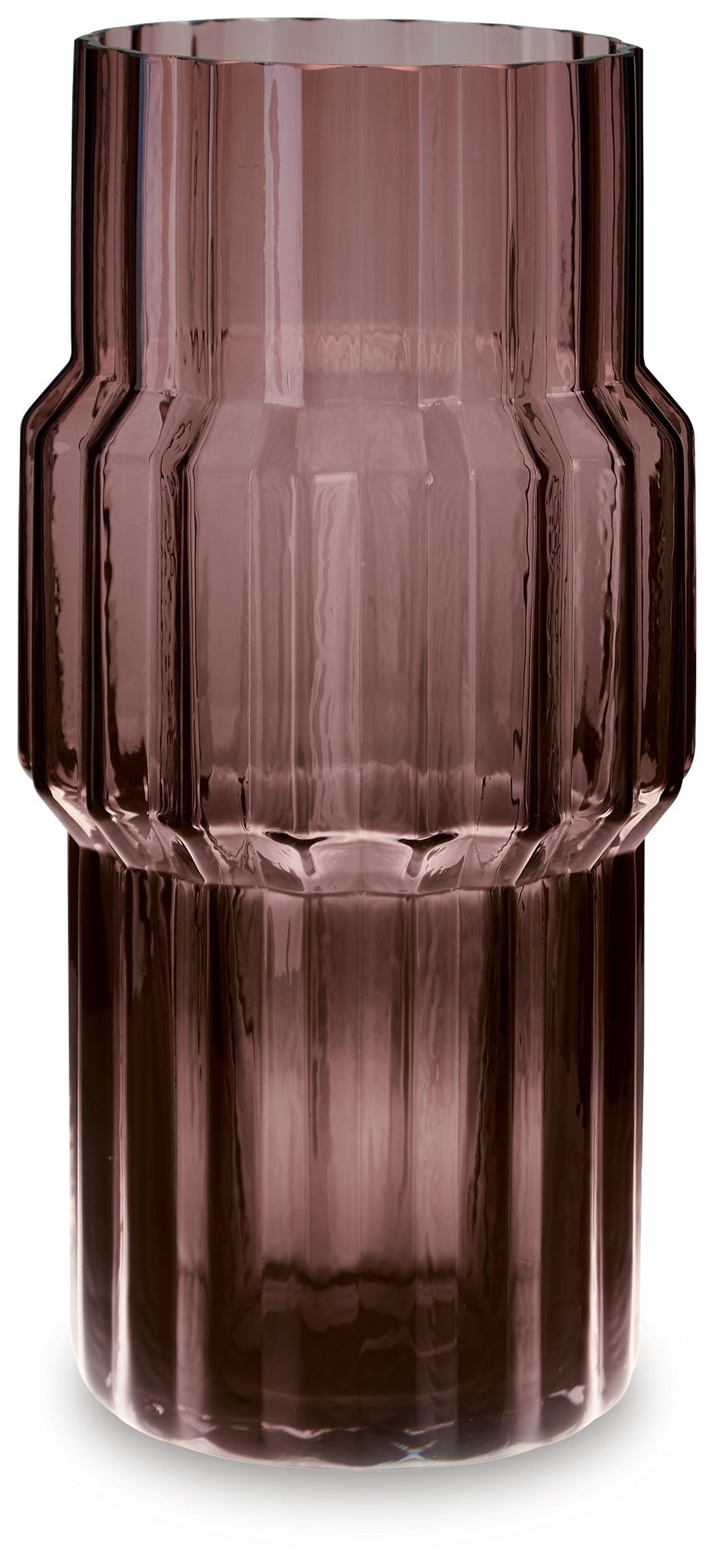 This vase, made of dark mauve-tinted glass, adds a captivating touch to indoor or outdoor decor. Its unique textured shape with oversized fluted detail creates an elegant art piece. Whether it-'s accentuating flowers or candlelight, this vase is simply st
