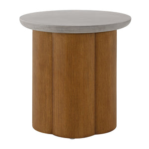  each with a round faux concrete finish table top. The robust wooden base adds warmth and durability