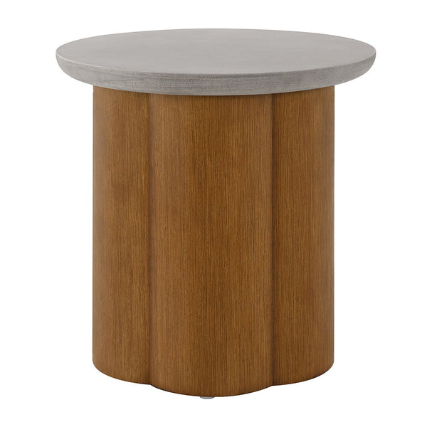  each with a round faux concrete finish table top. The robust wooden base adds warmth and durability