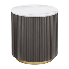 This round end table is the perfect complement to any living room setup. Its genuine white marble top, with delicate veining, brings an element of sophistication to your space. The engineered wood frame in a charcoal finish features ribbed detailing that 