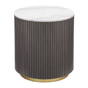 This round end table is the perfect complement to any living room setup. Its genuine white marble top, with delicate veining, brings an element of sophistication to your space. The engineered wood frame in a charcoal finish features ribbed detailing that 