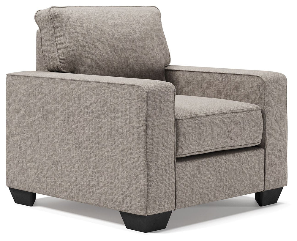 Make your living space that much more livable with this arm chair. Rest assured that its ultra-neutral upholstery with a textural chenille feel goes with anything and everything. Wide track armrests, box cushions and tapered feet lend a clean, contemporar