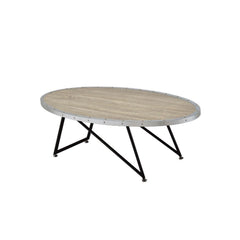 The Allis oval coffee table has hints of industrial with the treatment of the overlapping edge metal with Nailheads surrounding a weathered top. The base is an artfully designed asymmetrical pattern and is a good balance between design and function. A cen