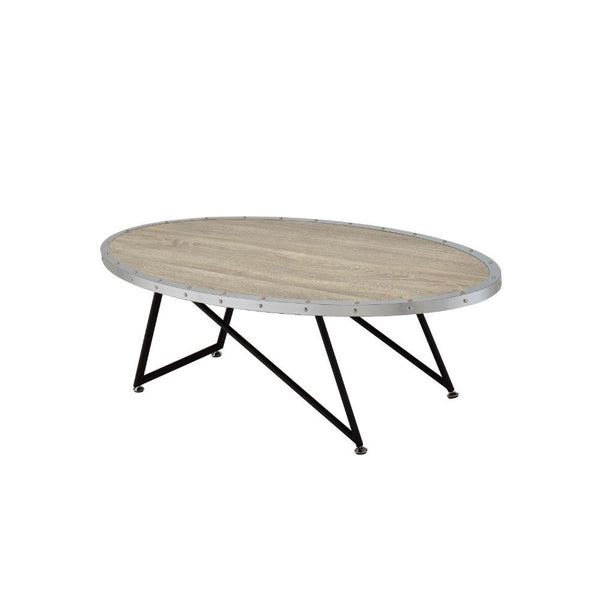 The Allis oval coffee table has hints of industrial with the treatment of the overlapping edge metal with Nailheads surrounding a weathered top. The base is an artfully designed asymmetrical pattern and is a good balance between design and function. A cen