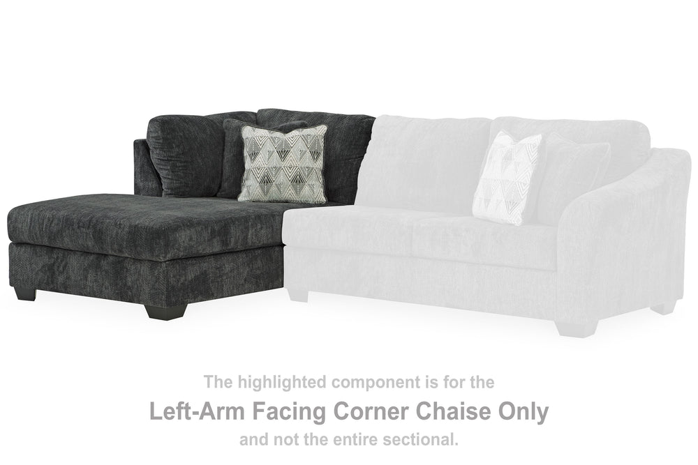 This left-arm facing corner chaise is made with polyester upholstery. Pairs with other items in the series to make a sectional, sold separately.<br><br><b>Additional Dimensions</b><br><ul><li>Arm height: 40-"</li><li>Seat depth: 57-"</li><li>Seat height: 