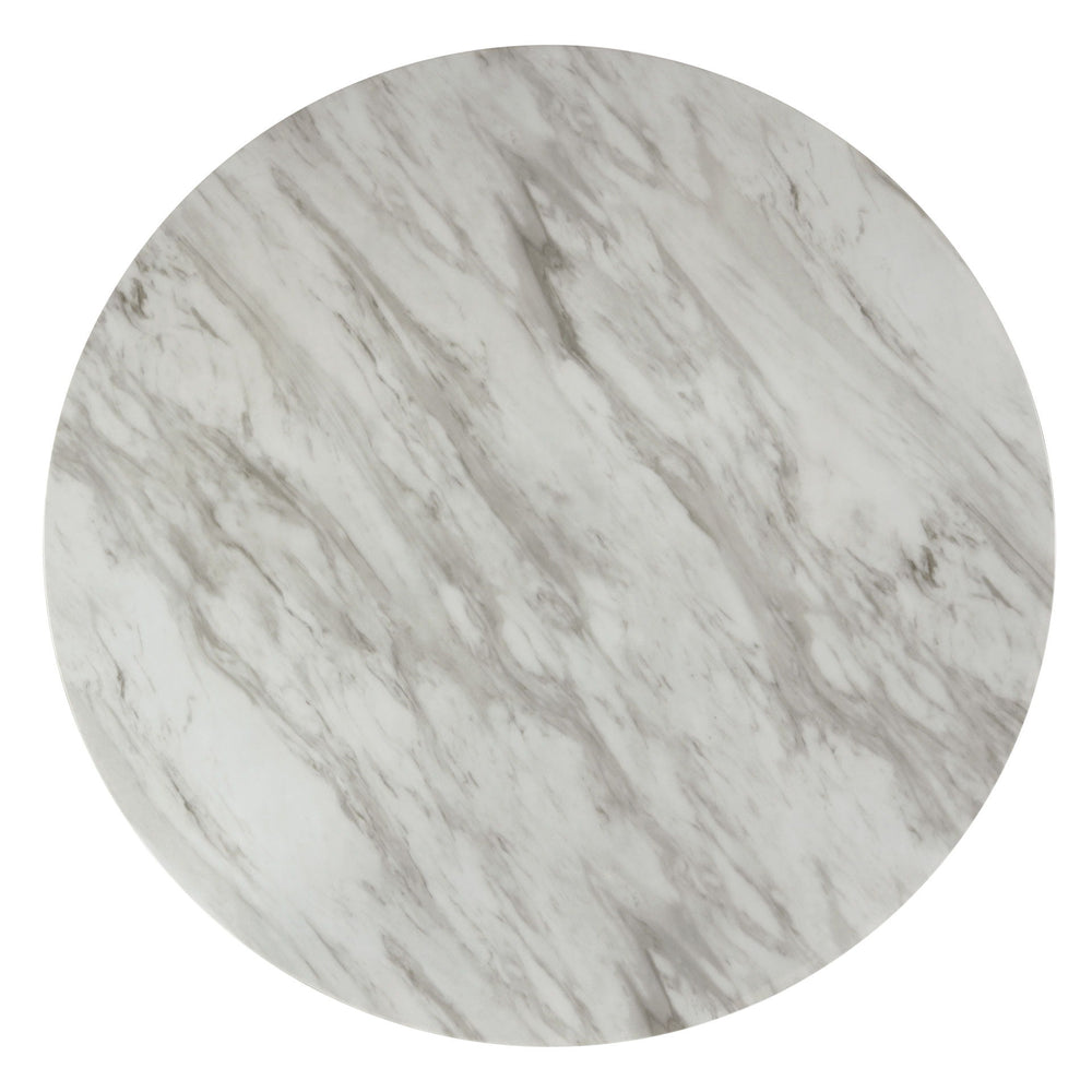 Glam up your dining space with the Celeste 42" Round Counter Table. Crafted for lasting durability, this counter table features solid Rubberwood legs and robust manufactured wood components. The heat and water-resistant faux marble top, finished with a gl