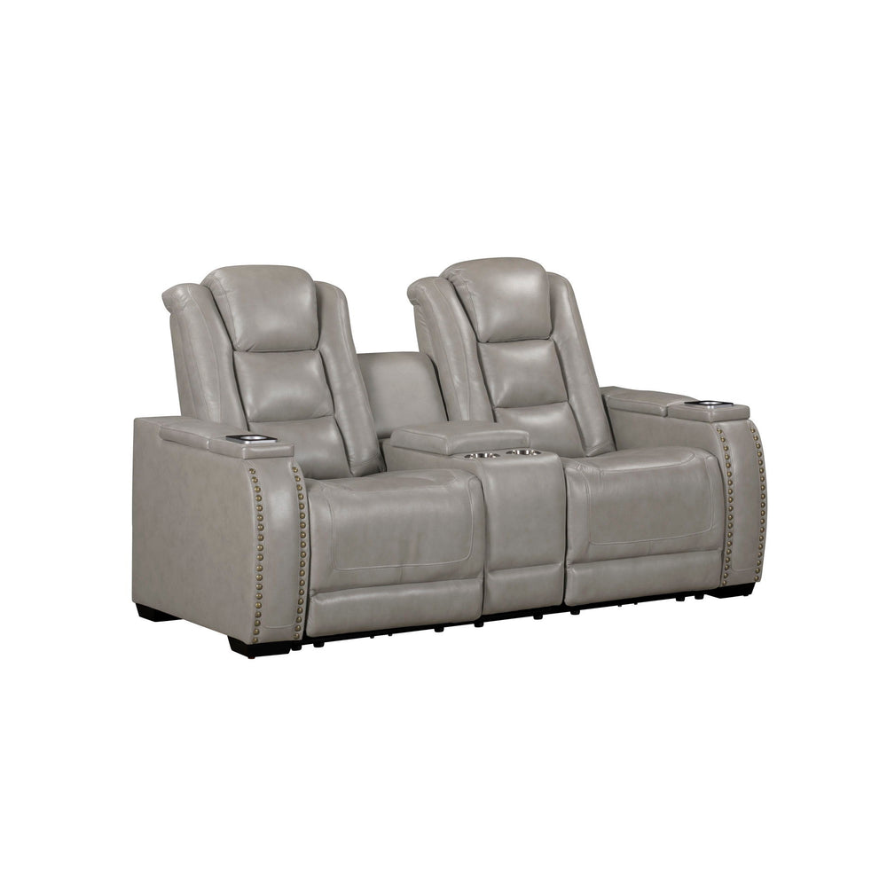 The Breckenridge Genuine Leather Power Reclining Console Loveseat with Adjustable Headrests in Gray is the perfect blend of luxury, durability, and modern convenience. This loveseat is built with a combination of hardwood and manufactured woods, providing