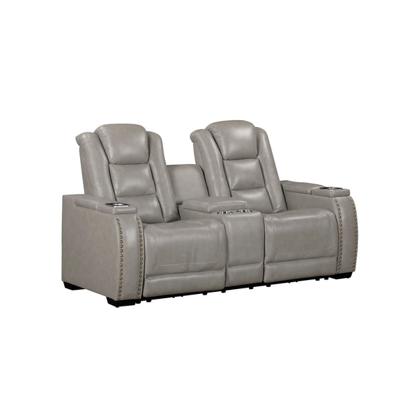 The Breckenridge Genuine Leather Power Reclining Console Loveseat with Adjustable Headrests in Gray is the perfect blend of luxury, durability, and modern convenience. This loveseat is built with a combination of hardwood and manufactured woods, providing