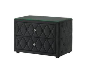 This stunning nightstand exudes modern sophistication with its luxurious velvet upholstery and elegant diamond-tufted design. The two spacious drawers provide ample storage, while the crystal-like drawer pulls add a touch of glamour. The sleek glass top e