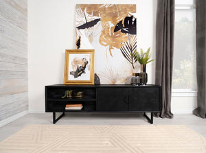  adding a bold look to this casual yet elegant TV stand. Gather entertainment-related gear and organize it in this tasteful stand built of mango wood with a rustic aesthetic. Set atop black