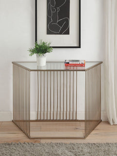 Trapezoidal Table<br/><br/><b>Product Features</b><ul><li>Case: 1Set/2Ctn</li><li>Finish: Champagne & Clear Glass</li><li>Materials: Metal, Glass</li></ul><br/>