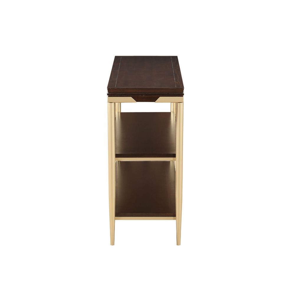 Entertain in style with the Eschenbach Sofa Table. This classic rectangular occasional table features a cherry finished table top with a metal base. This distinctive metal and wood cocktail table feature unique tapered legs with two open wood shelf for st