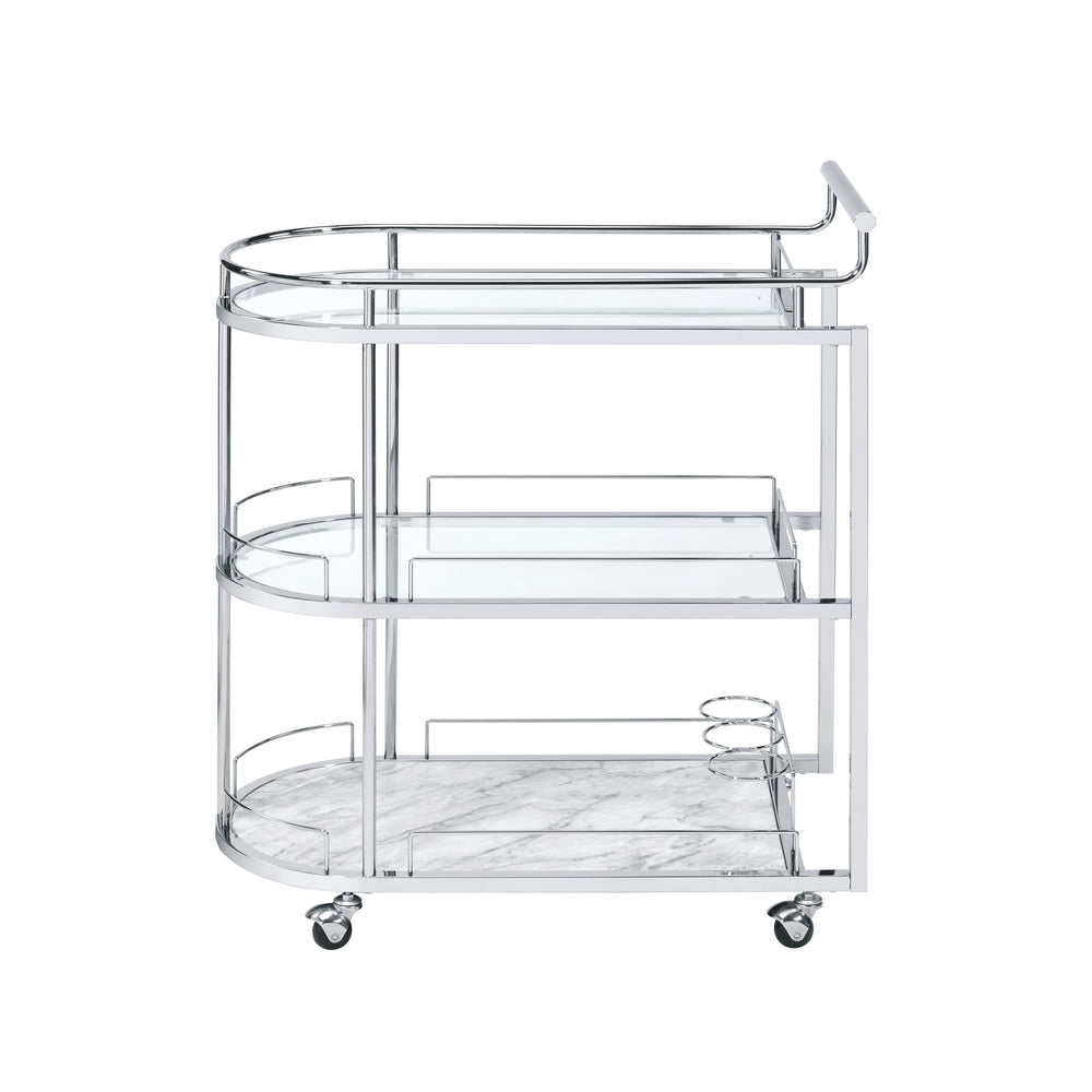 Oval Serving Cart3 Tier ShelfTempered Glass<br/><br/><b>Product Features</b><ul><li>Oval Serving Cart</li><li>3 Tier Shelf</li><li>Tempered Glass</li><li>Wheels Included</li><li>Chrome Metal Frame</li><li>Case: 1Pc/1Ctn</li><li>Finish: Clear Glass & Chrom