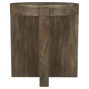 Thick slabs of beautiful mango wood create a compelling silhouette for a modern wooden end table. Its round top creates a cohesive feel, while thick legs add substance. A deep brown finish complements the wood to perfection, offering a sense of sophistica