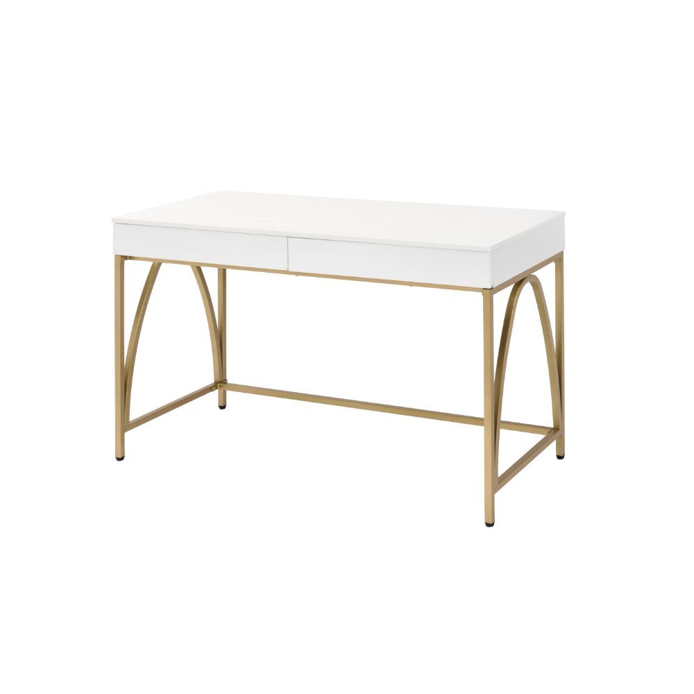 KD, Rectangular Writing Desk () â€¢ Storage: 2 Drw â€¢ Wooden Top+Drw â€¢ Metal Straight-Square Leg (Back Open) â€¢â€¢ CONSTRUCTION] Wooden Top+Drw: High Gloss, 18mm MDF â€¢ Metal Trestle Base: Metal Square Tube, Gold Coating () â€¢â€¢â€¢ Drawer: GLIDE) S