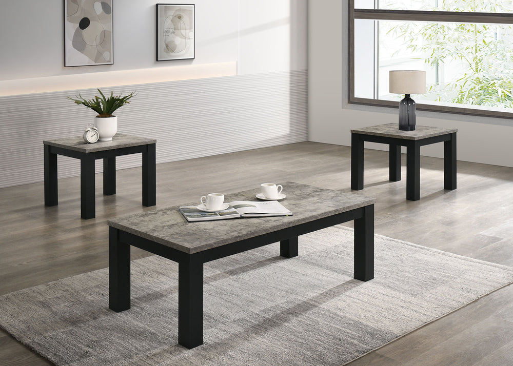 Enhance your living space with this contemporary cocktail table set, meticulously designed to infuse elegance into everyday living. The set features a robust coffee table and two matching end tables, each boasting a sleek, minimalistic design that seamles