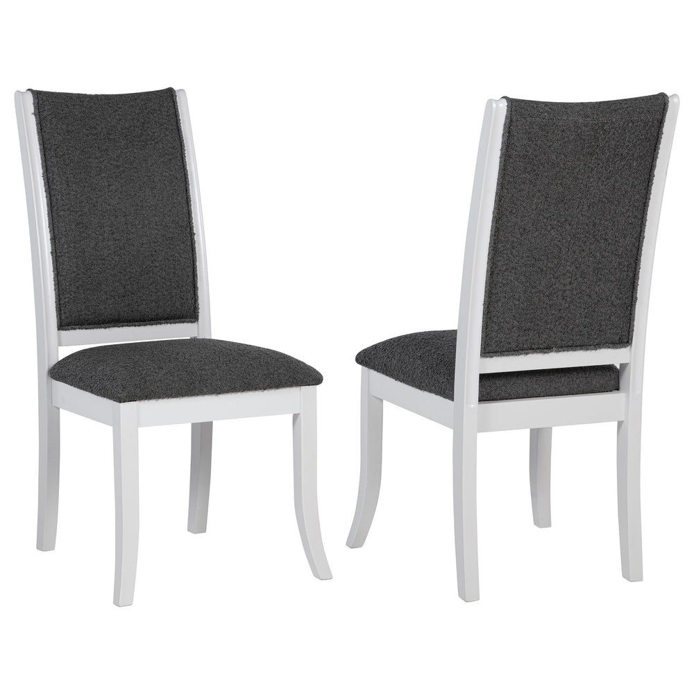 Dimensional gray upholstery creates engaging contrast and depth for this set of two modern dining chairs. Each boasts a tall, refined silhouette that-'s armless to create a smooth, streamlined silhouette. Cushions are padded with foam and covered in dark 