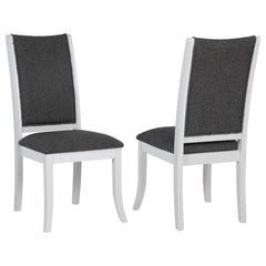 Dimensional gray upholstery creates engaging contrast and depth for this set of two modern dining chairs. Each boasts a tall, refined silhouette that-'s armless to create a smooth, streamlined silhouette. Cushions are padded with foam and covered in dark 
