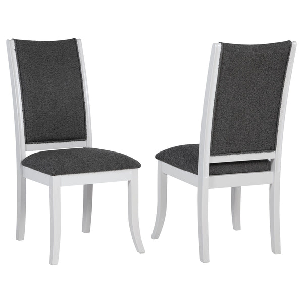 Dimensional gray upholstery creates engaging contrast and depth for this set of two modern dining chairs. Each boasts a tall, refined silhouette that-'s armless to create a smooth, streamlined silhouette. Cushions are padded with foam and covered in dark 