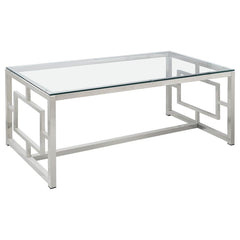 This rectangular coffee table, also known as a cocktail table, brings a sleek modern design to your living room. The clear tempered glass top offers durability and elegance, while the electroplated chrome frame features a polished, reflective finish. Its 