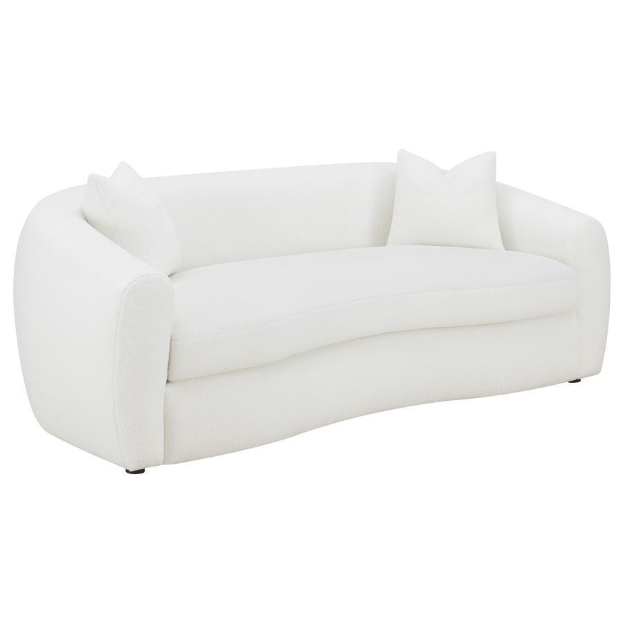 Create your inviting living room with this contemporary natural sofa, upholstered in boucle upholstery throughout its gracefully designed, contoured silhouette and elegantly sloped armrests. Matching accent pillows with premium faux down fill offer extra 