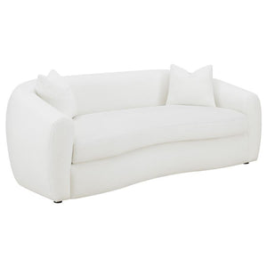 Create your inviting living room with this contemporary natural sofa, upholstered in boucle upholstery throughout its gracefully designed, contoured silhouette and elegantly sloped armrests. Matching accent pillows with premium faux down fill offer extra 
