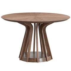 Adorned with a sophisticated walnut finish brings a touch of elegance to any dining room. Its round design fosters intimate conversations, making every meal a cherished moment. The smooth, rich wood tones of the table complement its modern aesthetic, whil