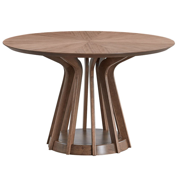 Adorned with a sophisticated walnut finish brings a touch of elegance to any dining room. Its round design fosters intimate conversations, making every meal a cherished moment. The smooth, rich wood tones of the table complement its modern aesthetic, whil